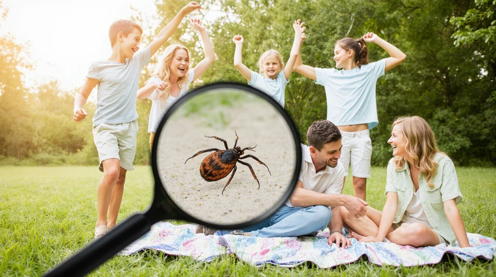 Family enjoying a tick-free outdoor picnic, emphasizing Lyme disease prevention and awareness