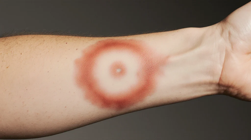 Erythema migrans rash, a key early symptom of Lyme disease, showing a bull’s-eye pattern
