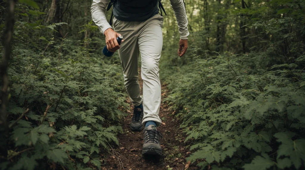 Person applying tick repellent and wearing protective clothing to prevent Lyme disease in a wooded area.