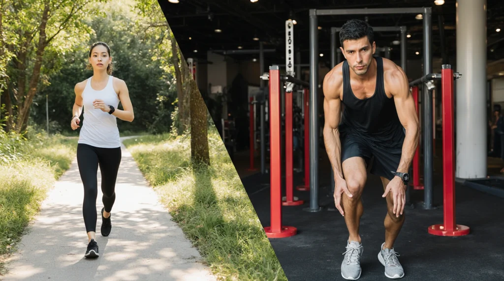Japanese walking on a lakeside path versus intense HIIT workout in a gym.